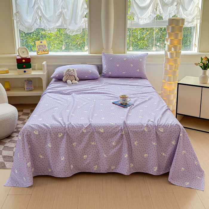 91家纺网 家纺一手货源 找家纺 2025新款全棉床单床笠 紫花猫 床单款