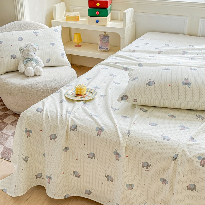 91家纺网 家纺一手货源 找家纺 2025新款全棉床单床笠 灰条小象 床单款