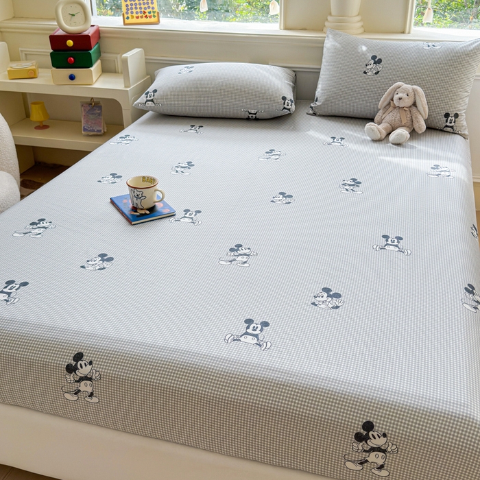 91家纺网 家纺一手货源 找家纺 2025新款全棉床单床笠 灰格米奇 床笠款