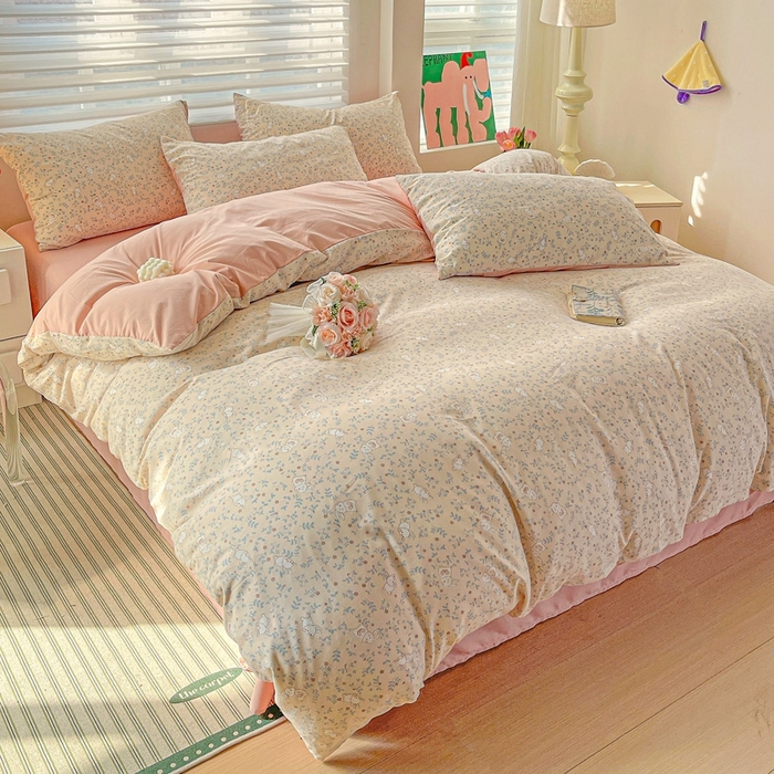 91家纺网 家纺一手货源 找家纺 2025新款水洗云朵糯糯棉简约风ins风小碎花被套床单款床笠款三四件套 花丛兔