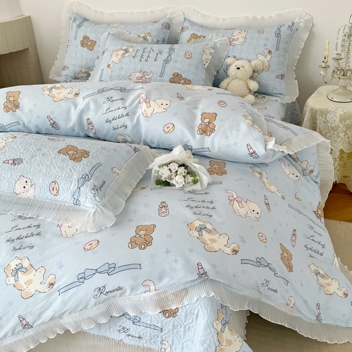 91家纺网 家纺一手货源 找家纺 添越 2024小清新韩版蕾丝花边纯棉夹棉床盖三件套全棉