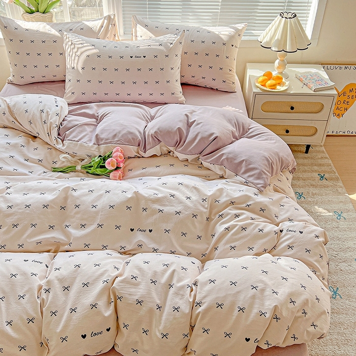 91家纺网 家纺一手货源 找家纺 2025新款水洗云朵糯糯棉简约风ins风小碎花被套床单款床笠款三四件套 蝴蝶结