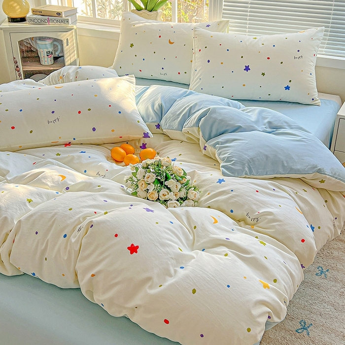 91家纺网 家纺一手货源 找家纺 2025水洗棉双层纱简约风ins风小碎花被套床单款床笠款三四件套-单被套 星月