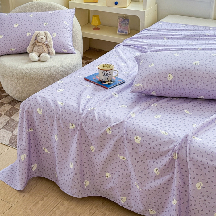 91家纺网 家纺一手货源 找家纺 2025新款全棉床单床笠 紫花猫 床单款