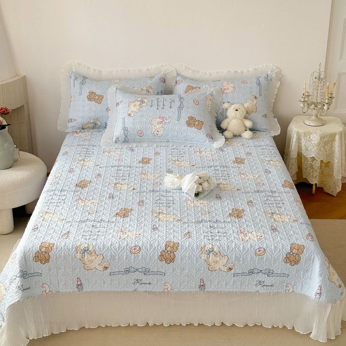 91家纺网 家纺一手货源 找家纺 添越 2024小清新韩版蕾丝花边纯棉夹棉床盖三件套全棉