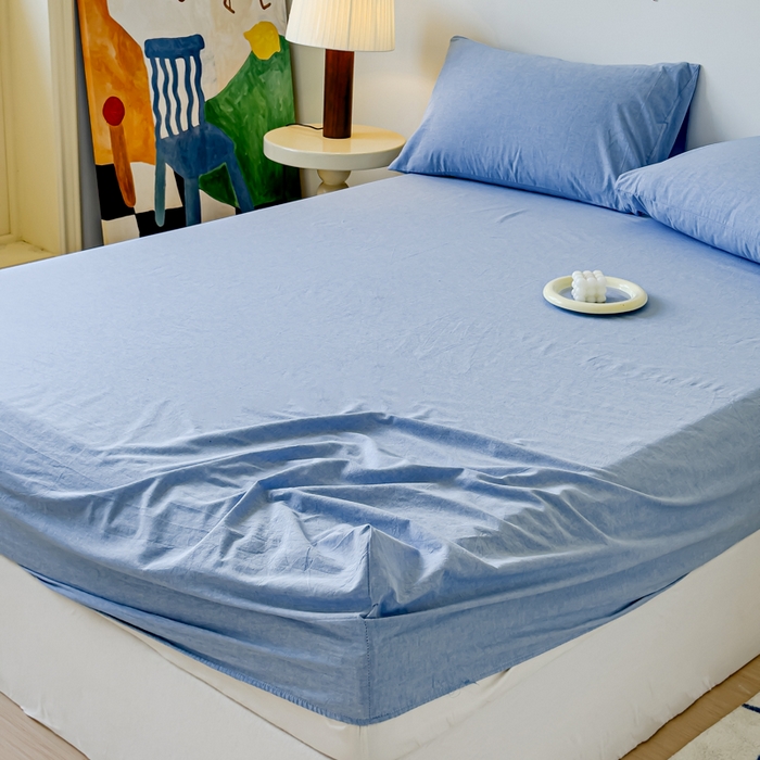 91家纺网 家纺一手货源 找家纺 2025新款全棉色织水洗棉床单床笠 天蓝 床笠款