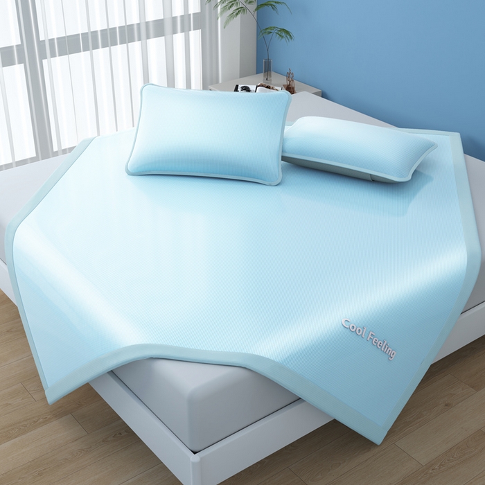 91家纺网 家纺一手货源 找家纺 2025新款云母冰川凉席床笠 云母冰川-蓝（条席）