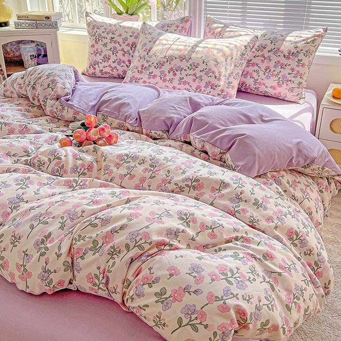 91家纺网 家纺一手货源 找家纺 2025新款水洗云朵糯糯棉简约风ins风小碎花被套床单款床笠款三四件套 花开满树