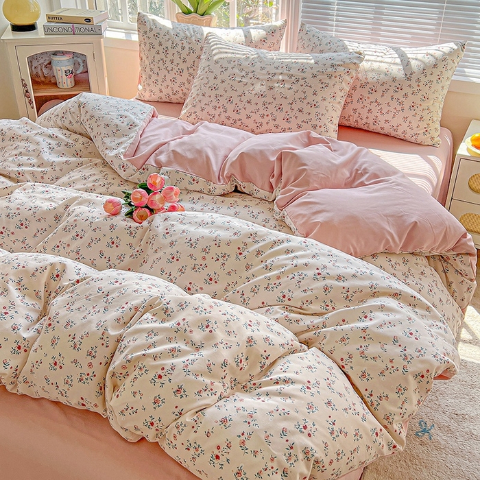 91家纺网 家纺一手货源 找家纺 2025水洗棉双层纱简约风ins风小碎花被套床单款床笠款三四件套-单被套 忘忧草