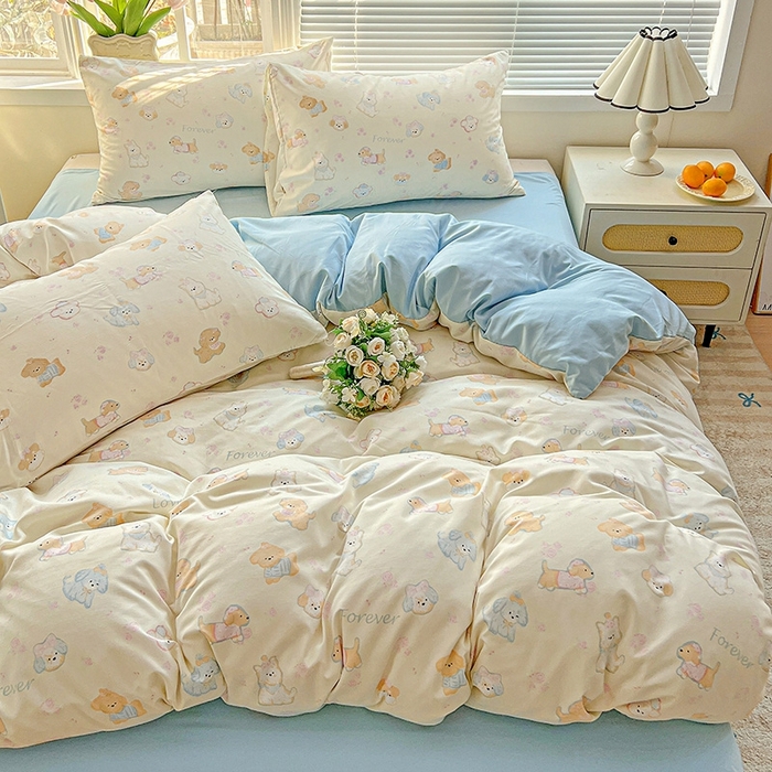 91家纺网 家纺一手货源 找家纺 2025新款水洗云朵糯糯棉简约风ins风小碎花被套床单款床笠款三四件套 萌宠