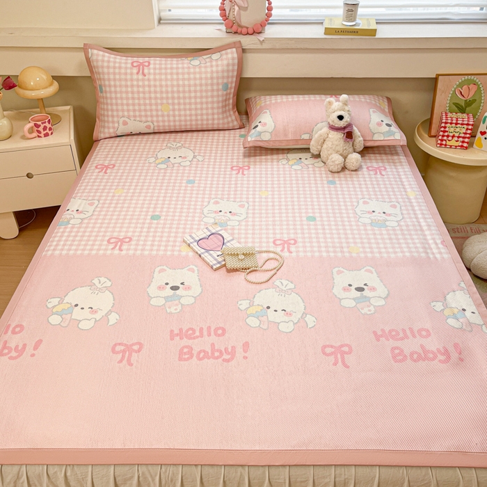 91家纺网 家纺一手货源 找家纺 慕澄家纺 2025新款小清新印花真冰藤系列凉席床席款 床席-格子奶芙芙