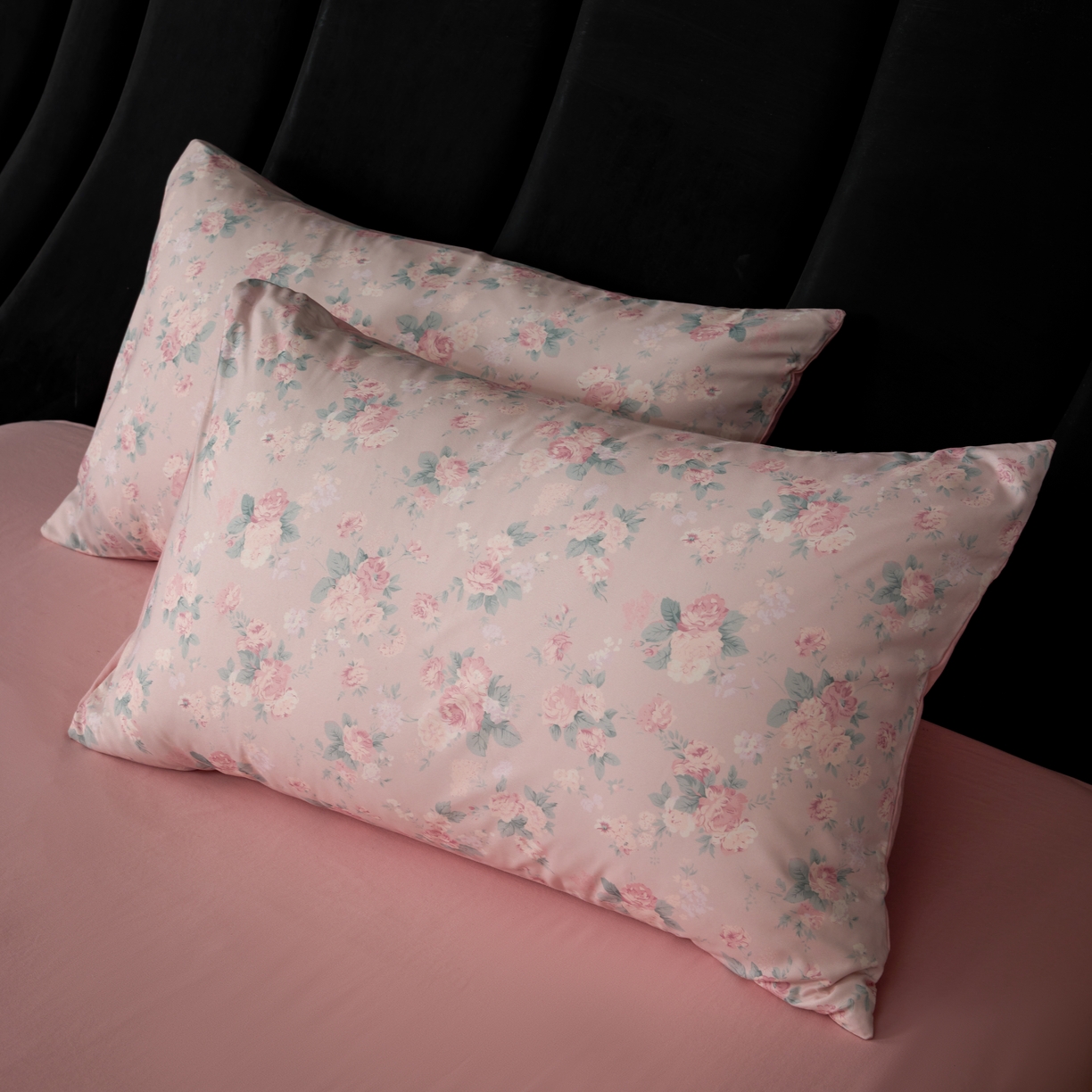 91家纺网 家纺一手货源 找家纺 丽卡家纺 2025新款数码印花有氧双层纱四件套 典雅粉