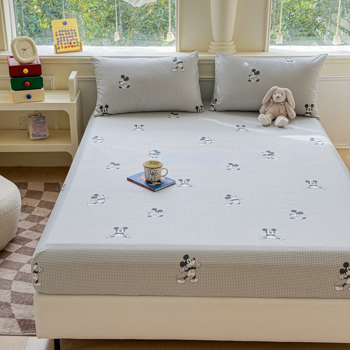 91家纺网 家纺一手货源 找家纺 2025新款全棉床单床笠 灰格米奇 床笠款