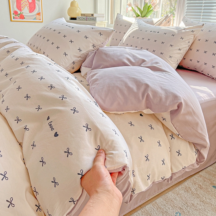 91家纺网 家纺一手货源 找家纺 2025新款水洗云朵糯糯棉简约风ins风小碎花被套床单款床笠款三四件套 蝴蝶结