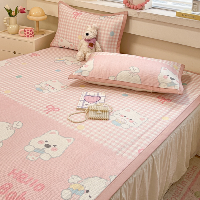 91家纺网 家纺一手货源 找家纺 慕澄家纺 2025新款小清新印花真冰藤系列凉席床席款 床席-格子奶芙芙