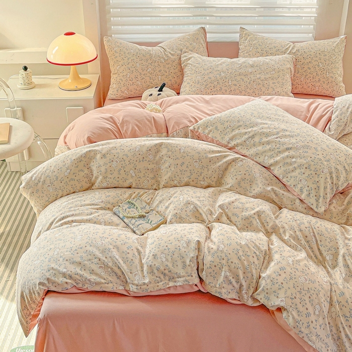 91家纺网 家纺一手货源 找家纺 2025新款水洗云朵糯糯棉简约风ins风小碎花被套床单款床笠款三四件套 花丛兔