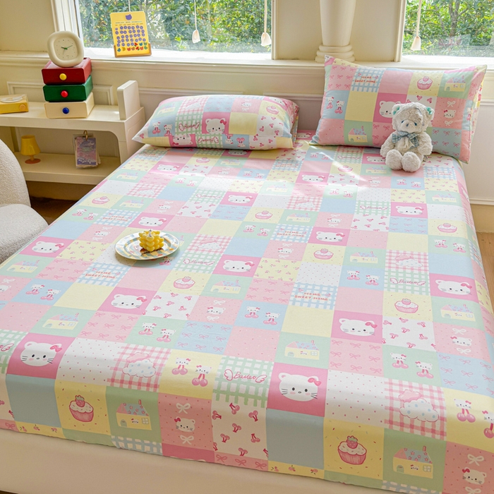 91家纺网 家纺一手货源 找家纺 2025新款全棉床单床笠 格子猫咪 床笠款