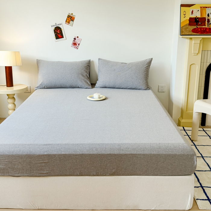 91家纺网 家纺一手货源 找家纺 2025新款全棉色织水洗棉床单床笠 青灰 床笠款