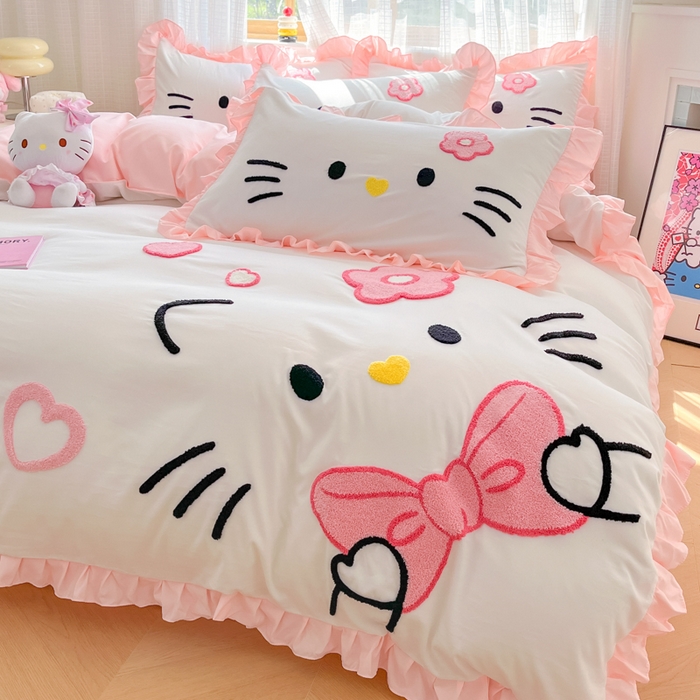 91家纺网 家纺一手货源 找家纺 （总）泉欣家纺 2025新款网红可爱卡通公主风毛巾绣花水洗棉四件套（专版花型）甜甜猫咪