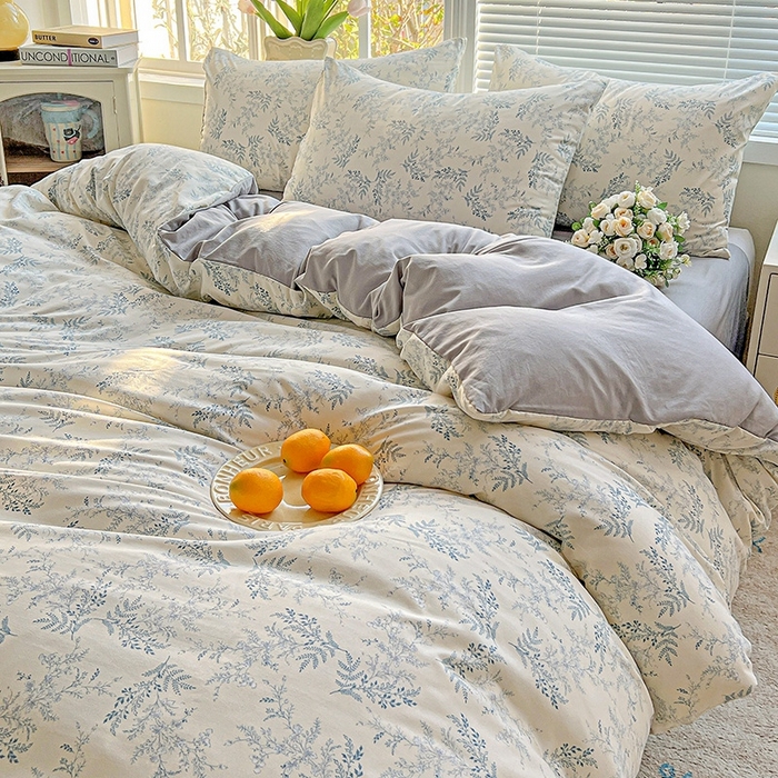 91家纺网 家纺一手货源 找家纺 2025水洗棉双层纱简约风ins风小碎花被套床单款床笠款三四件套-单被套 蓝颜