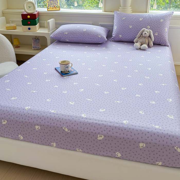 91家纺网 家纺一手货源 找家纺 2025新款全棉床单床笠 紫花猫 床笠款