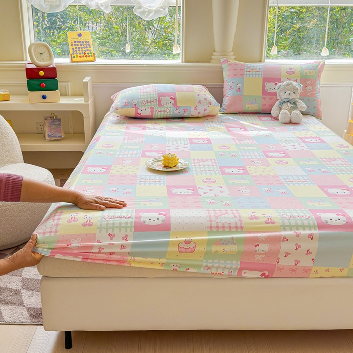 91家纺网 家纺一手货源 找家纺 2025新款全棉床单床笠 格子猫咪 床笠款