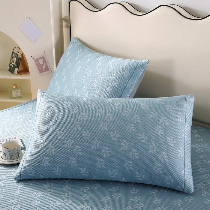 91家纺网 家纺一手货源 找家纺 法莱妮 2025夏季新款A类真凉感丝提花加厚三明治冰豆豆凉席-叶韵系列  叶韵-蓝