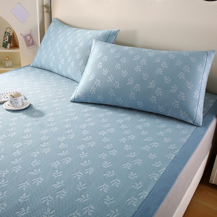 91家纺网 家纺一手货源 找家纺 法莱妮 2025夏季新款A类真凉感丝提花加厚三明治冰豆豆凉席-叶韵系列  叶韵-蓝