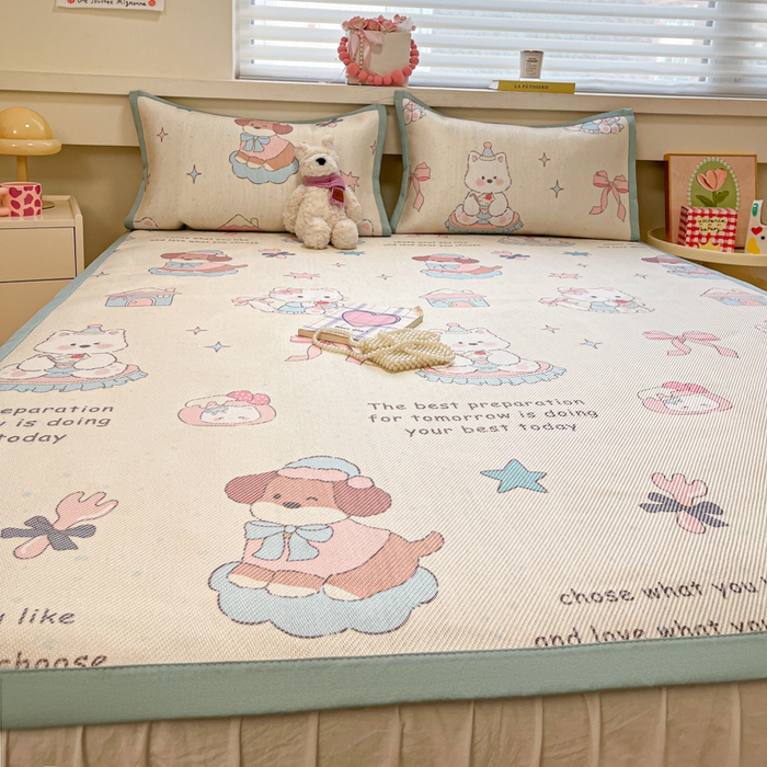 91家纺网 家纺一手货源 找家纺 慕澄家纺 2025新款小清新印花真冰藤系列凉席床席款 床席-游园会