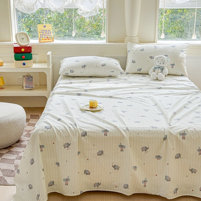 91家纺网 家纺一手货源 找家纺 2025新款全棉床单床笠 灰条小象 床单款