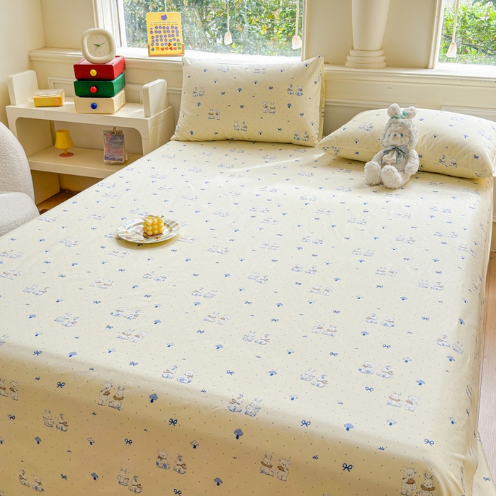 91家纺网 家纺一手货源 找家纺 2025新款全棉床单床笠 熊护萌兔 床单款