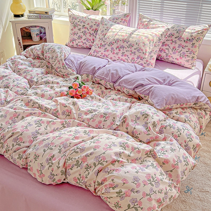 91家纺网 家纺一手货源 找家纺 2025新款水洗云朵糯糯棉简约风ins风小碎花被套床单款床笠款三四件套 花开满树