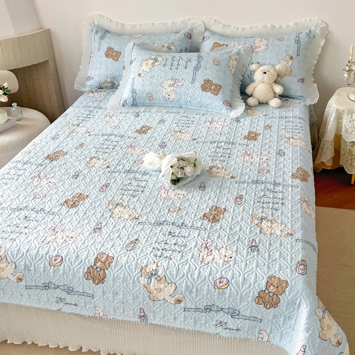 91家纺网 家纺一手货源 找家纺 添越 2024小清新韩版蕾丝花边纯棉夹棉床盖三件套全棉