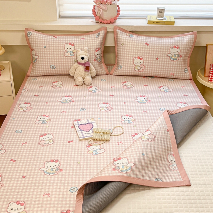 91家纺网 家纺一手货源 找家纺 慕澄家纺 2025新款小清新印花真冰藤系列凉席床席款 床席-粉格猫咪