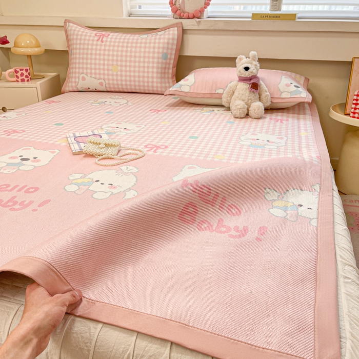 91家纺网 家纺一手货源 找家纺 慕澄家纺 2025新款小清新印花真冰藤系列凉席床席款 床席-格子奶芙芙