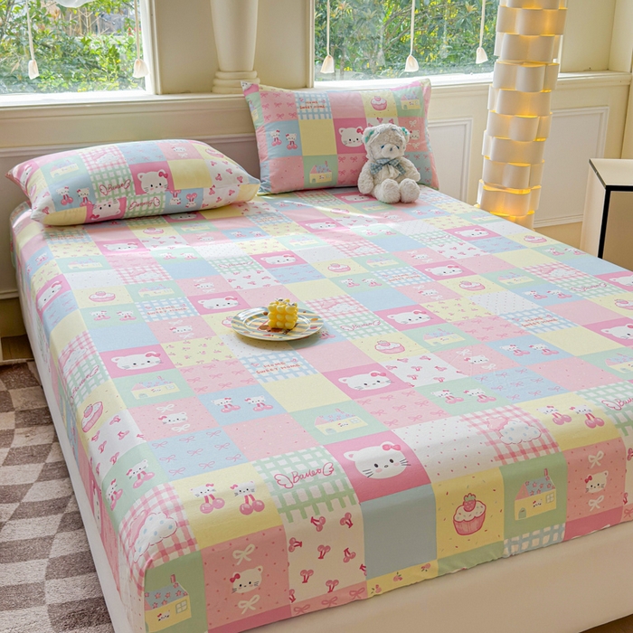 91家纺网 家纺一手货源 找家纺 2025新款全棉床单床笠 格子猫咪 床笠款