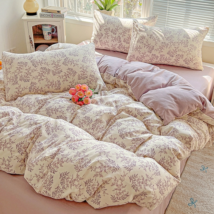 91家纺网 家纺一手货源 找家纺 2025水洗棉双层纱简约风ins风小碎花被套床单款床笠款三四件套-单被套 紫颜