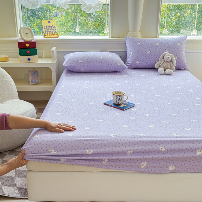 91家纺网 家纺一手货源 找家纺 2025新款全棉床单床笠 紫花猫 床笠款