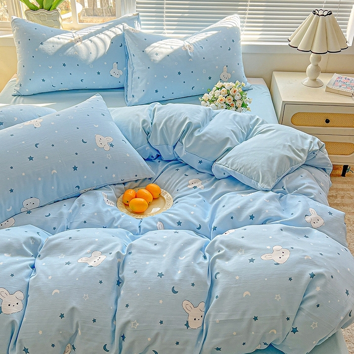 91家纺网 家纺一手货源 找家纺 2025水洗棉双层纱简约风ins风小碎花被套床单款床笠款三四件套-单被套 星空兔