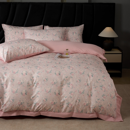 丽卡家纺 2025新款数码印花有氧双层纱四件套 典雅粉