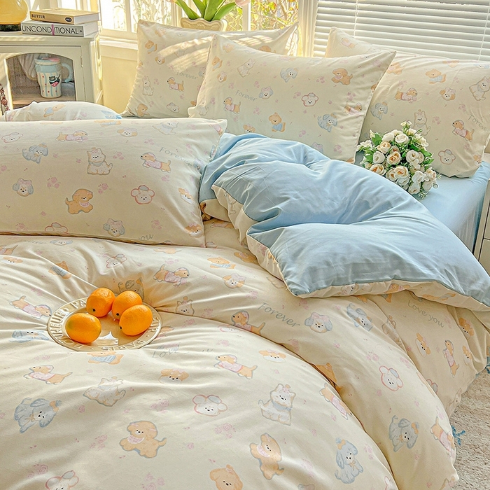 91家纺网 家纺一手货源 找家纺 2025新款水洗云朵糯糯棉简约风ins风小碎花被套床单款床笠款三四件套 萌宠