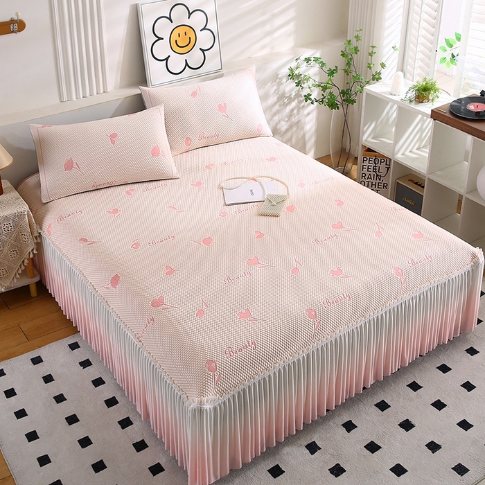 91家纺网 家纺一手货源 找家纺 法莱妮2025夏季新款A类真凉感丝提花三明治冰豆豆凉席床裙三件套  郁金香 -粉