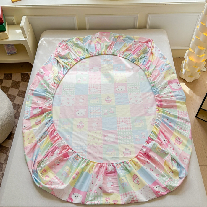 91家纺网 家纺一手货源 找家纺 2025新款全棉床单床笠 格子猫咪 床笠款