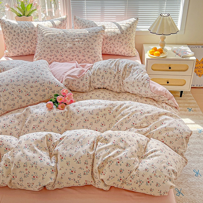 91家纺网 家纺一手货源 找家纺 2025新款水洗云朵糯糯棉简约风ins风小碎花被套床单款床笠款三四件套 忘忧草