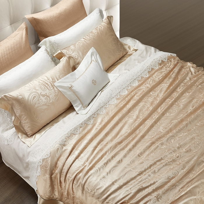 91家纺网 家纺一手货源 找家纺 赫本真丝馆（珍丝纺） 2025新款真丝提花系列四件套 佩德拉-金