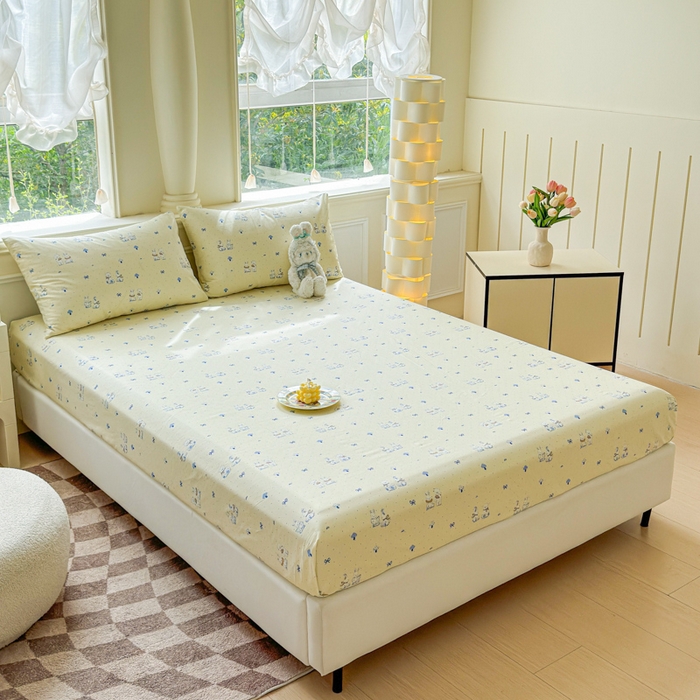 91家纺网 家纺一手货源 找家纺 2025新款全棉床单床笠 熊护萌兔  床笠款