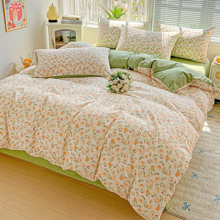 91家纺网 家纺一手货源 找家纺 2025新款水洗云朵糯糯棉简约风ins风小碎花被套床单款床笠款三四件套 热恋