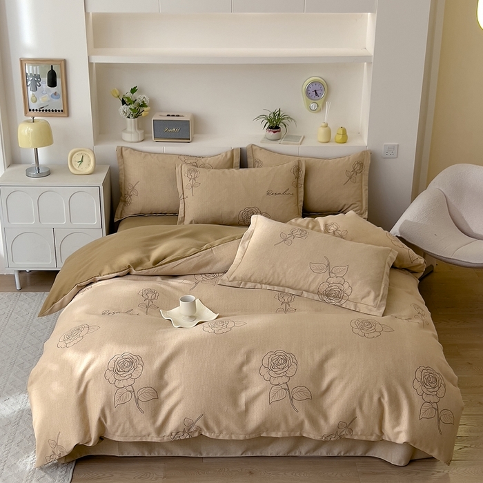 91家纺网 家纺一手货源 找家纺 优品阁 2024新款全棉磨毛四件套 法风玫瑰-咖