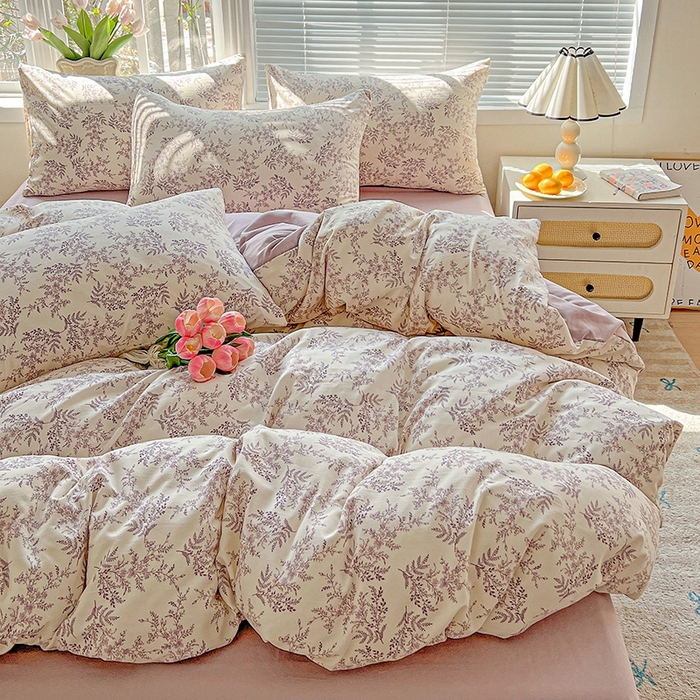 91家纺网 家纺一手货源 找家纺 2025水洗棉双层纱简约风ins风小碎花被套床单款床笠款三四件套-单被套 紫颜