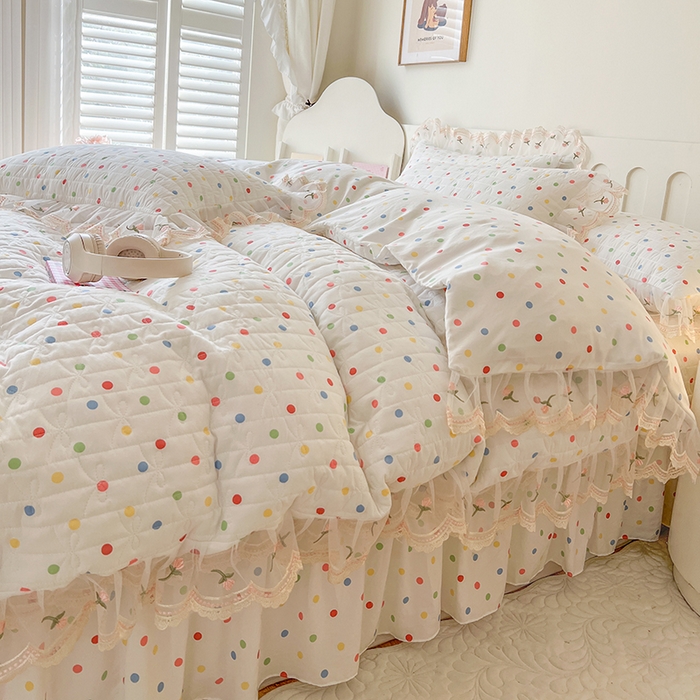 91家纺网 家纺一手货源 找家纺 网红馆 2025新款水洗棉印花床盖四件套 奶油波点